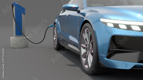 Electric car with charger rapid charger 3D solid gray BG futuristic Generic Electric Car realistic parked car green energy green car © Diego Torroija