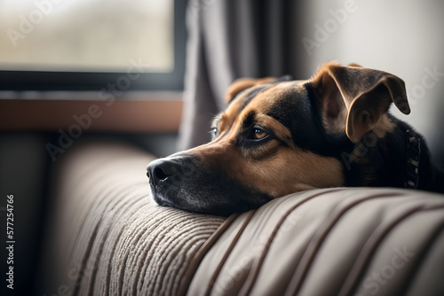 Fotobehang Close up portrait of cute dog lying on a cozy sofa and looking at window
