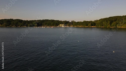 Birds soaring over lake during warm summer afternoon in new england, northeast USA, with a marina and green trees. Candlewood lake, Danbury, Connecticut photo