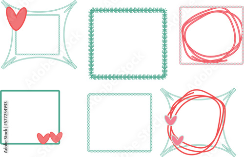 MInt red green pink vector frames in abstract style with hearts for your design with curve lines Border for foto notes Love Couple Simple elements Valentibe day trendy minimalist aesthetic linear Cute
