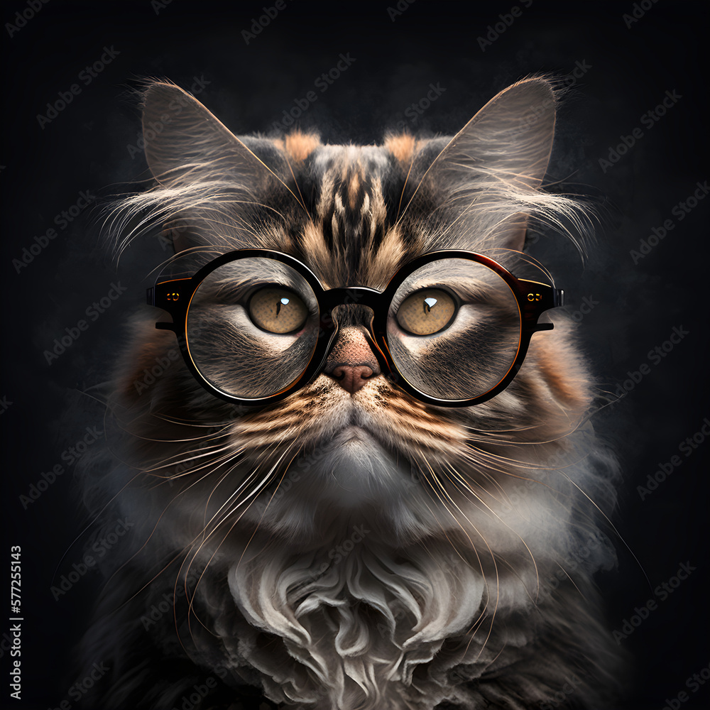 Closeup portrait of a funny ginger cat wearing glasses isolated black background, AI-generated image