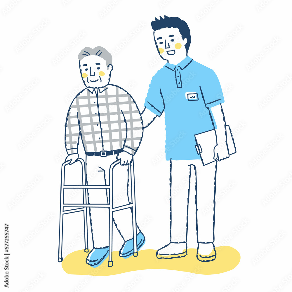 歩行器を使って歩くシニア男性と介助する男性