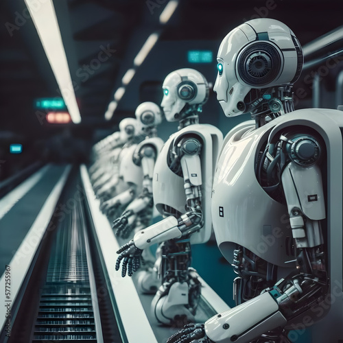 Robots on a conveyor belt, robotic production of autonomous humanoid androids with artificial intelligence