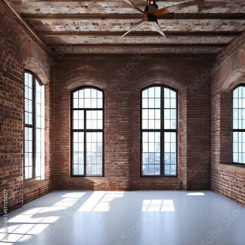 a stark white room with large windows and exposed brick walls1, Generative AI