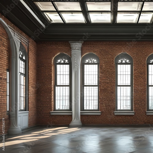 a stark white room with large windows and exposed brick walls2, Generative AI