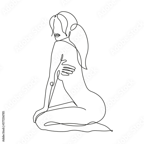 Trendy Line Art Woman Body. Minimalistic Black Lines Drawing. Female Figure Continuous One Line Abstract Drawing. Modern Scandinavian Design. Naked Body Art. Vector Illustration. 