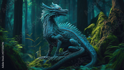 Blue ancient forest dragon statue sitting on top of a lush green forest. Postproducted generative AI. digital illustration © Assyifa Sisters
