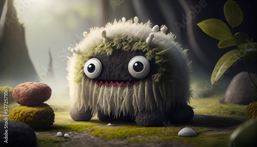 A cute monster made by cotton, hyper-realistic, ray renderer. The 3D rendering features a lifelike and detailed design, with intricate textures and realistic lighting effects 