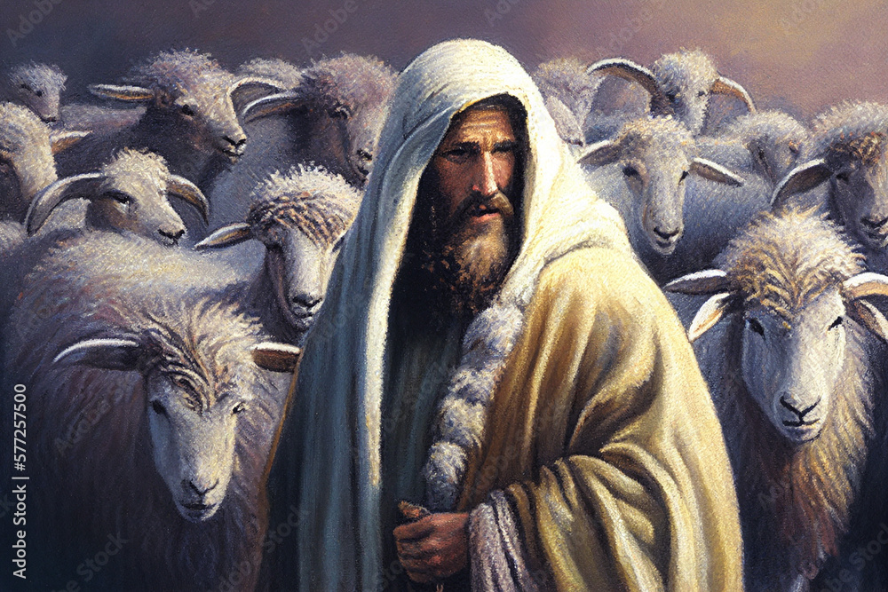 Jesus In Traditional Israeli Robes Surrounded By His Sheep, Generative 