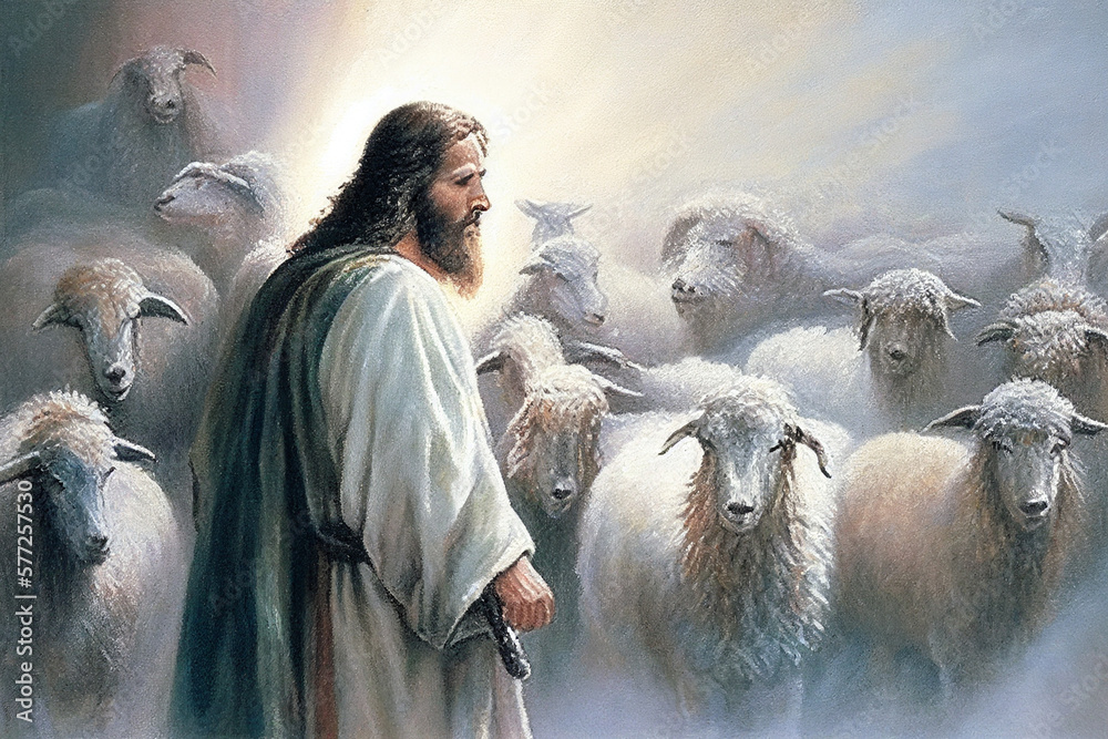 Jesus in traditional Israeli robes surrounded by his sheep, generative ...