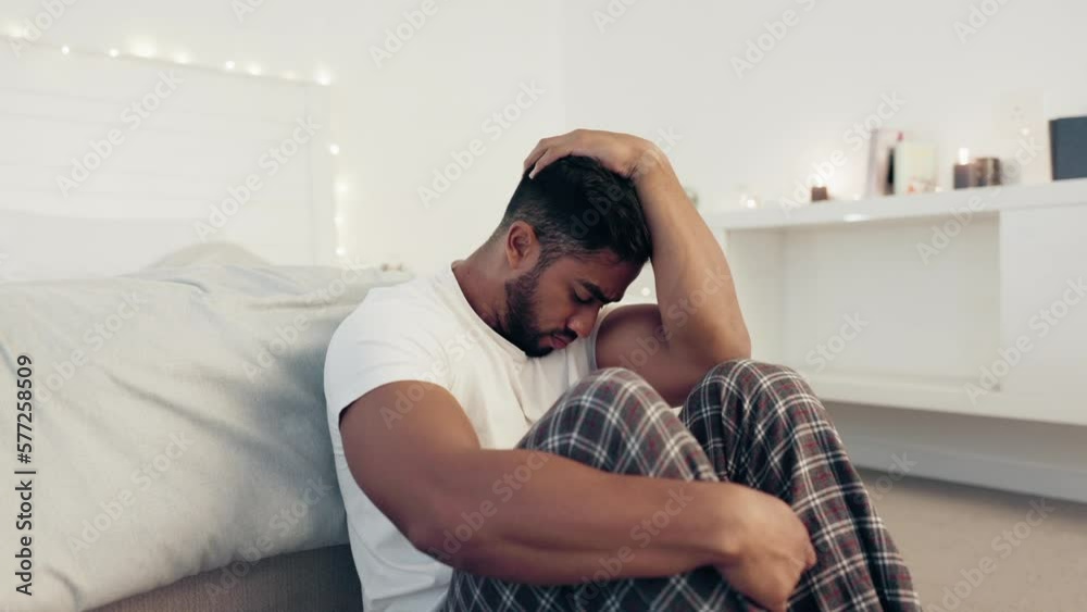 Depression, anxiety and stress with man in bedroom for frustrated, problem and lonely. Grief, sad and mental health issues with guy suffering at home and feeling failure, struggle and burnout Depression, anxiety and stress with man in bedroom for frustrated, problem and lonely. Grief, sad and mental health issues with guy suffering at home and feeling failure, struggle and burnout