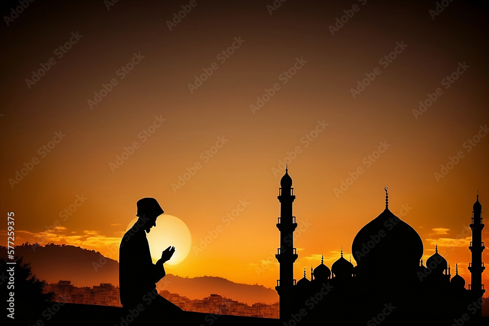 Illustration of Silhouette of a devout Islamic man pray to the Allah on hill, outside mosque, at sunset, generative ai