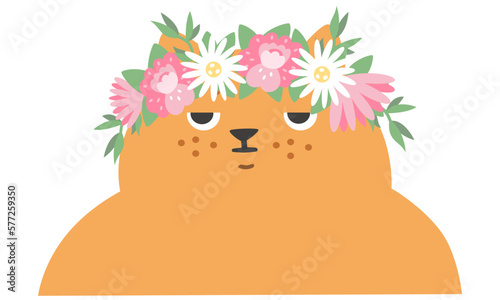 Funny vector illustration. Redheaded disgruntled cat in a wreath of flowers. Spring illustration 