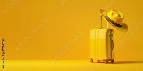 Yellow luggage and hat travel on yellow background with copy space. Generative AI