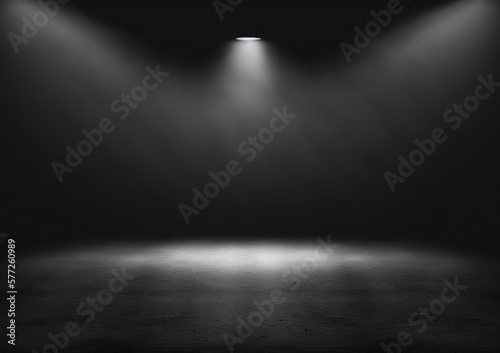Dark black empty room scene with spotlight. Studio room for product photography or display. Generative AI