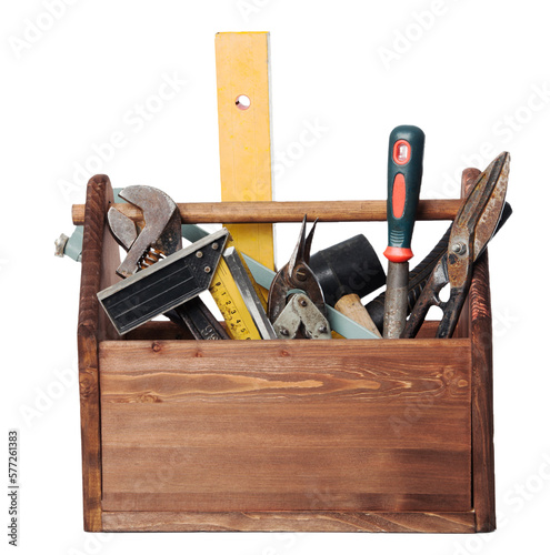 Old Carpenter Wooden toolbox with tools isolated isolate on transperent background photo