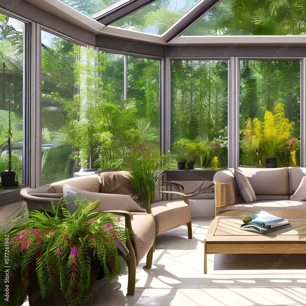 Fototapeta premium 16. A sunroom with big windows and plants for enjoying the outdoors.2, Generative AI
