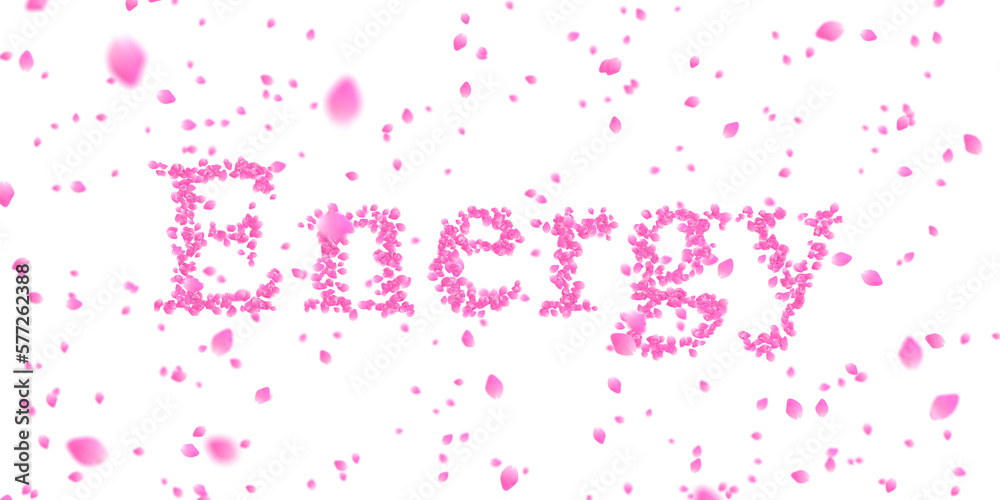 Letters made of a collection of cherry blossom petals and flurry of those petals on transparent background