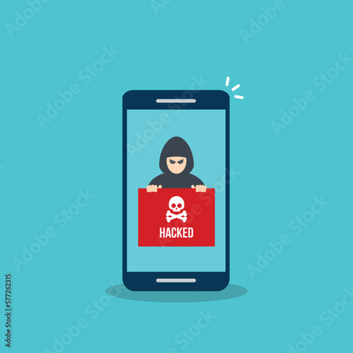 Hacker notification on mobile phone. Smartphone with hacker attack alert.	