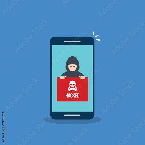 Hacker notification on mobile phone. Smartphone with hacker attack alert.	