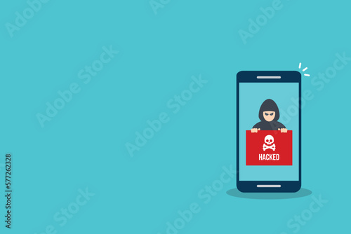 Hacker notification on mobile phone. Smartphone with hacker attack alert.	