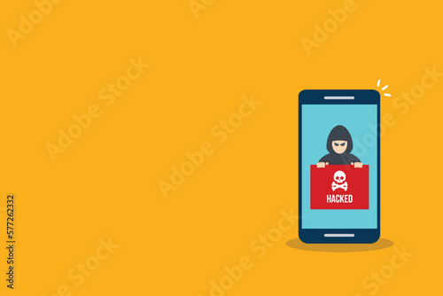 Hacker notification on mobile phone. Smartphone with hacker attack alert.	