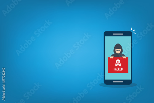 Hacker notification on mobile phone. Smartphone with hacker attack alert.	