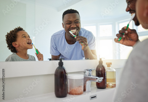 Принти на полотні Dental, brushing teeth and father with son in bathroom for bonding, morning routine and cleaning