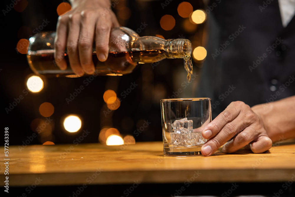 Barman pouring whiskey whiskey glass beautiful night Barman pouring whiskey whiskey glass beautiful night