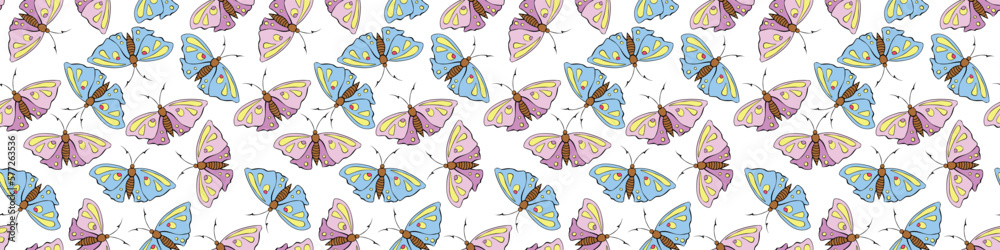 Vector seamless pattern of pink and blue cute butterflies in flat style. Cute cartoon beautiful insects. Texture on theme of nature, spring, summer, children print, isolated Vector seamless pattern of pink and blue cute butterflies in flat style. Cute cartoon beautiful insects. Texture on theme of nature, spring, summer, children print, isolated