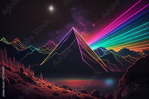 An 80s Retro Style Picture of a Rainbow Shooting out of a Pyramid Generative AI