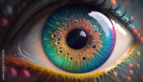 Colorful magic human eye background. Generative AI technology.