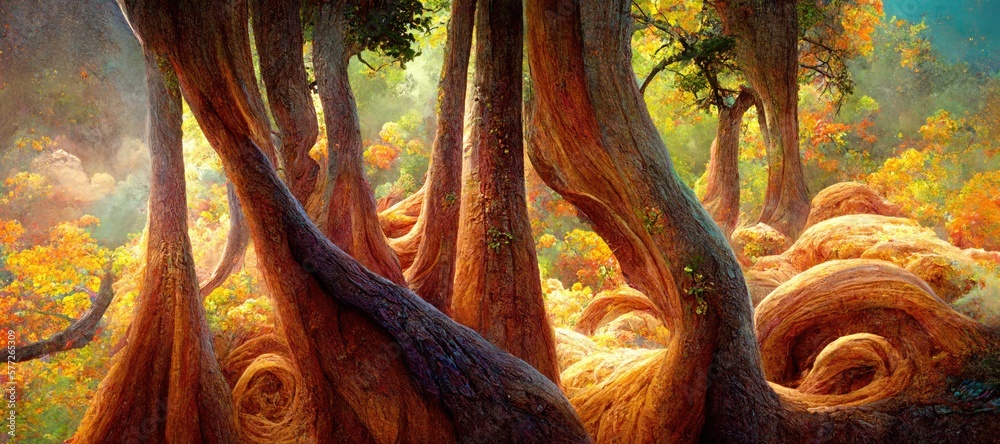 Naklejka premium Dreamlike forest of autumn orange and yellow colors, surreal vegetation, mythical and otherworldly, natural beauty, vibrant imaginative woods - high detail generative ai.