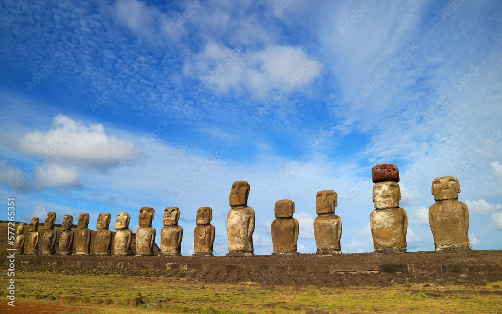 Amazing Gigantic 15 Moai statues of Ahu Tongariki, the largest ceremonial platform on Easter Island, Chile, South America