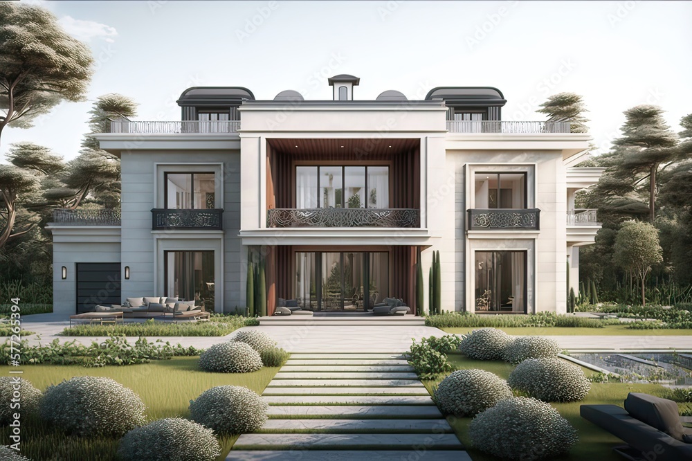 Luxury Villa with two floor and Garden. Photo generative AI