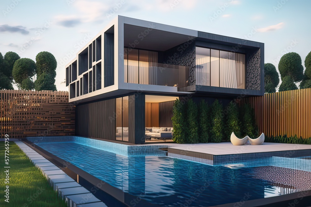 Luxury villa with garden, pool. Photo generative AI