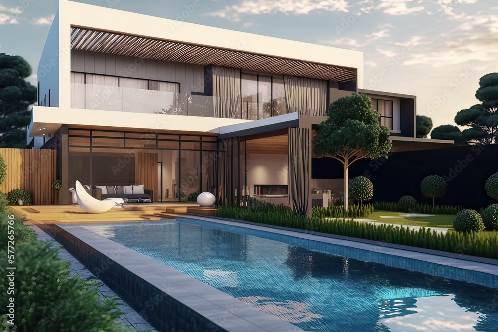 Obraz premium Luxury villa with garden, pool. Photo generative AI