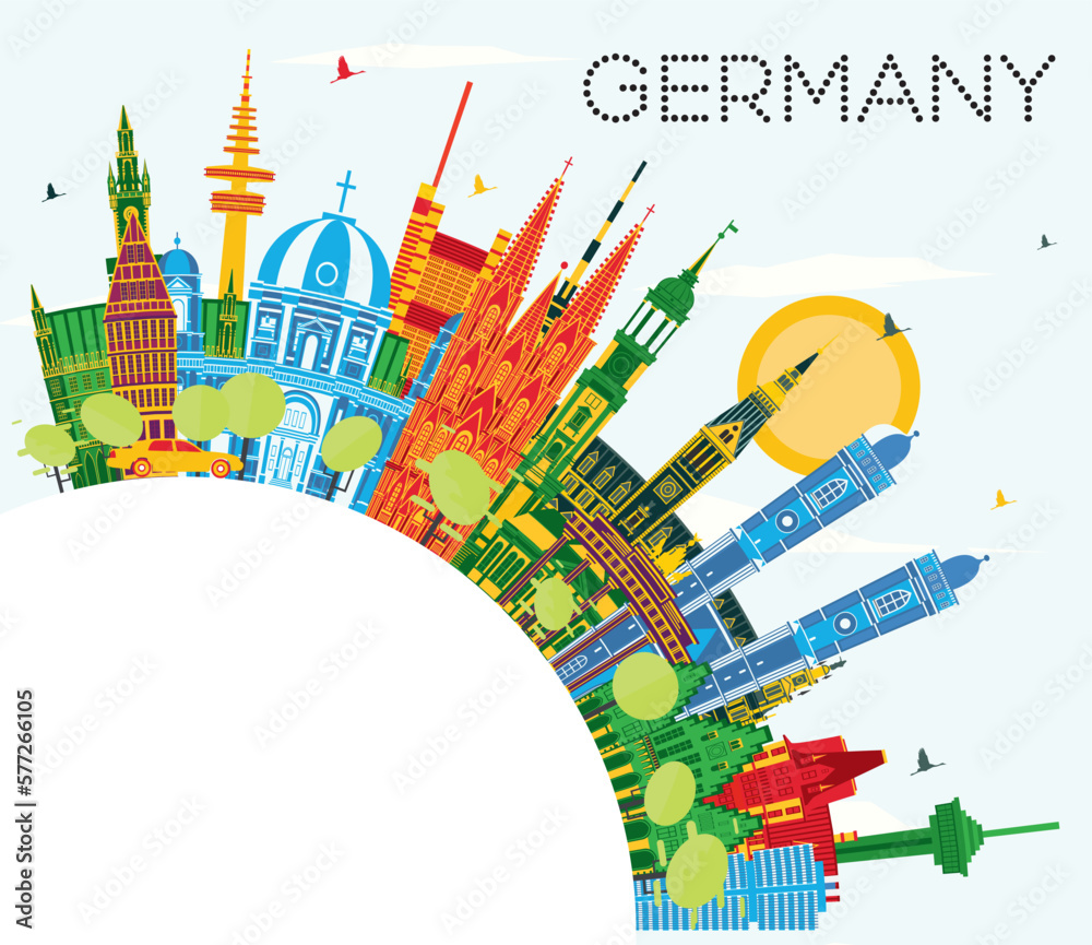 Germany City Skyline with Color Buildings, Blue Sky and Copy Space. Vector Illustration. Germany Cityscape with Landmarks.