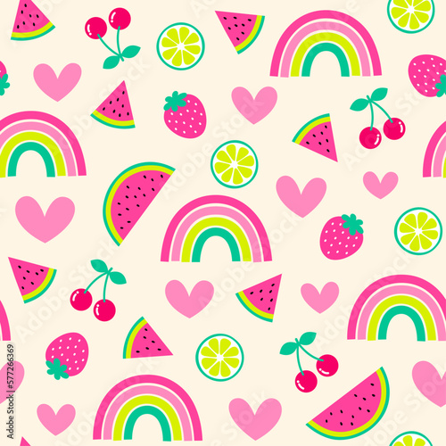 Cute hand drawn fruit, rainbow and heart seamless pattern for summer holidays background.