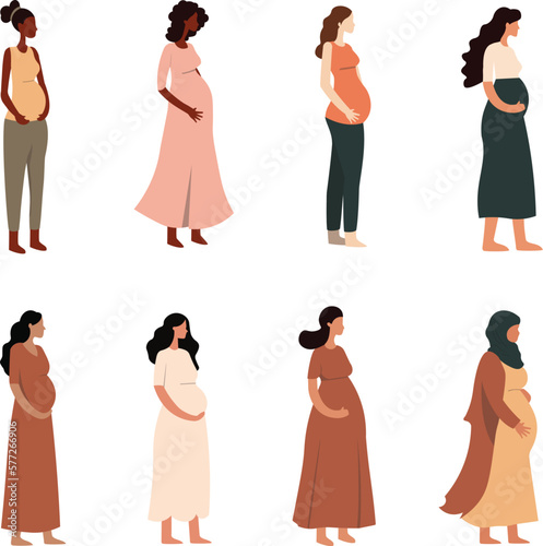 set of diverse pregnant women fullbody