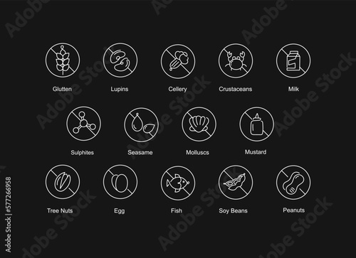 Food allergy icons including the 14 allergies outlined by the EU Food. Editable Stroke vector line icons.