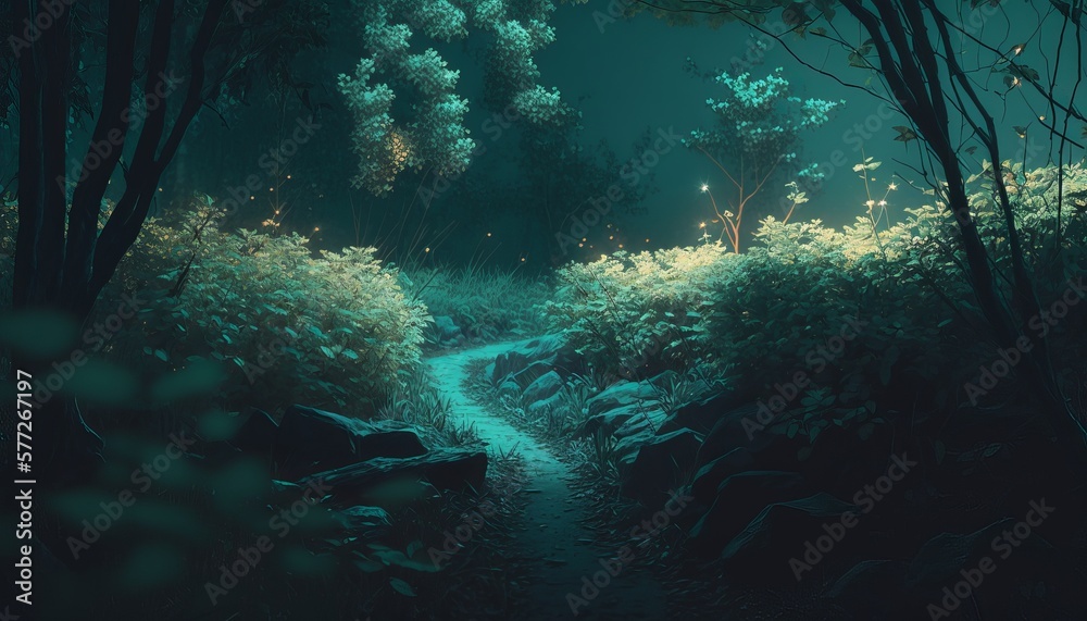 Night forest path and  background. Generative AI technology.	