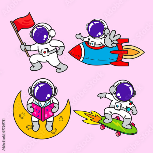 Astronaut cartoon set, animation , flat design, skate board, Vector