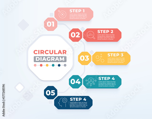 Circular diagram 5 step infographic template.