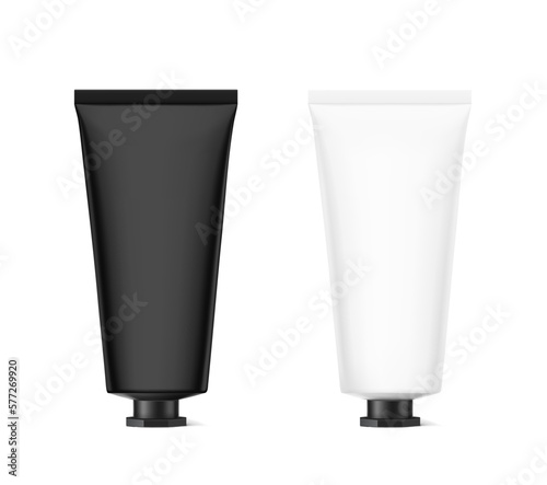 White and black tube mockup. Front view. Vector illustration isolated on white background. Can be use for your design, advertising, promo and etc. EPS10.