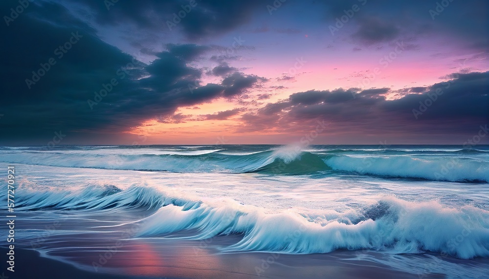 Peaceful Seascape at Blue Hour with Waves Crashing on Shore and Colorful Sky