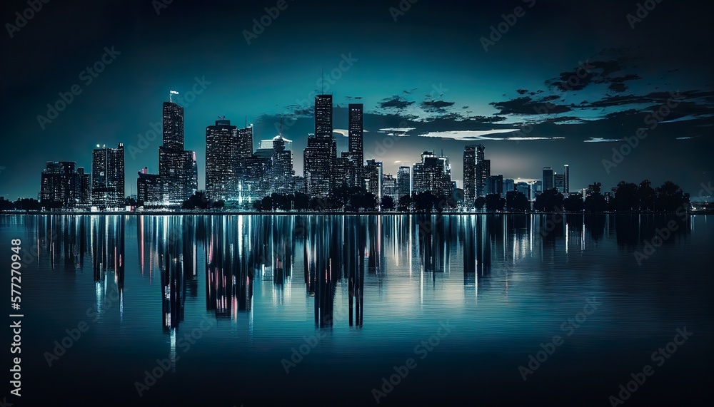 Moody City Skyline at Blue Hour with City Lights Reflecting on Water