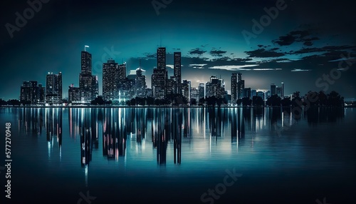 Moody City Skyline at Blue Hour with City Lights Reflecting on Water © neuralcanvas