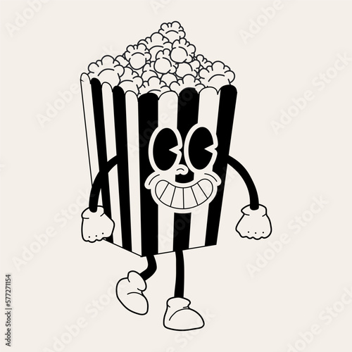 Retro Popcorn mascot. Cute character in trendy retro 60s 70s cartoon style. Vector hand drawn illustration	