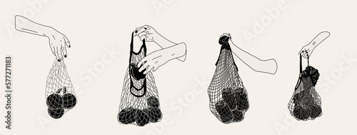 Set of Hand hold eco bag. People bring own bag for grocery. Reusable plastic free pack with food. Zero waste products for shopping vector concept in monochrome style